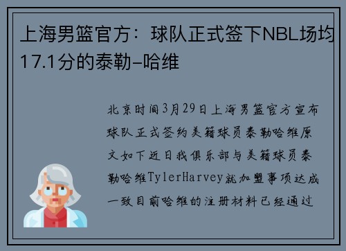 上海男篮官方：球队正式签下NBL场均17.1分的泰勒-哈维